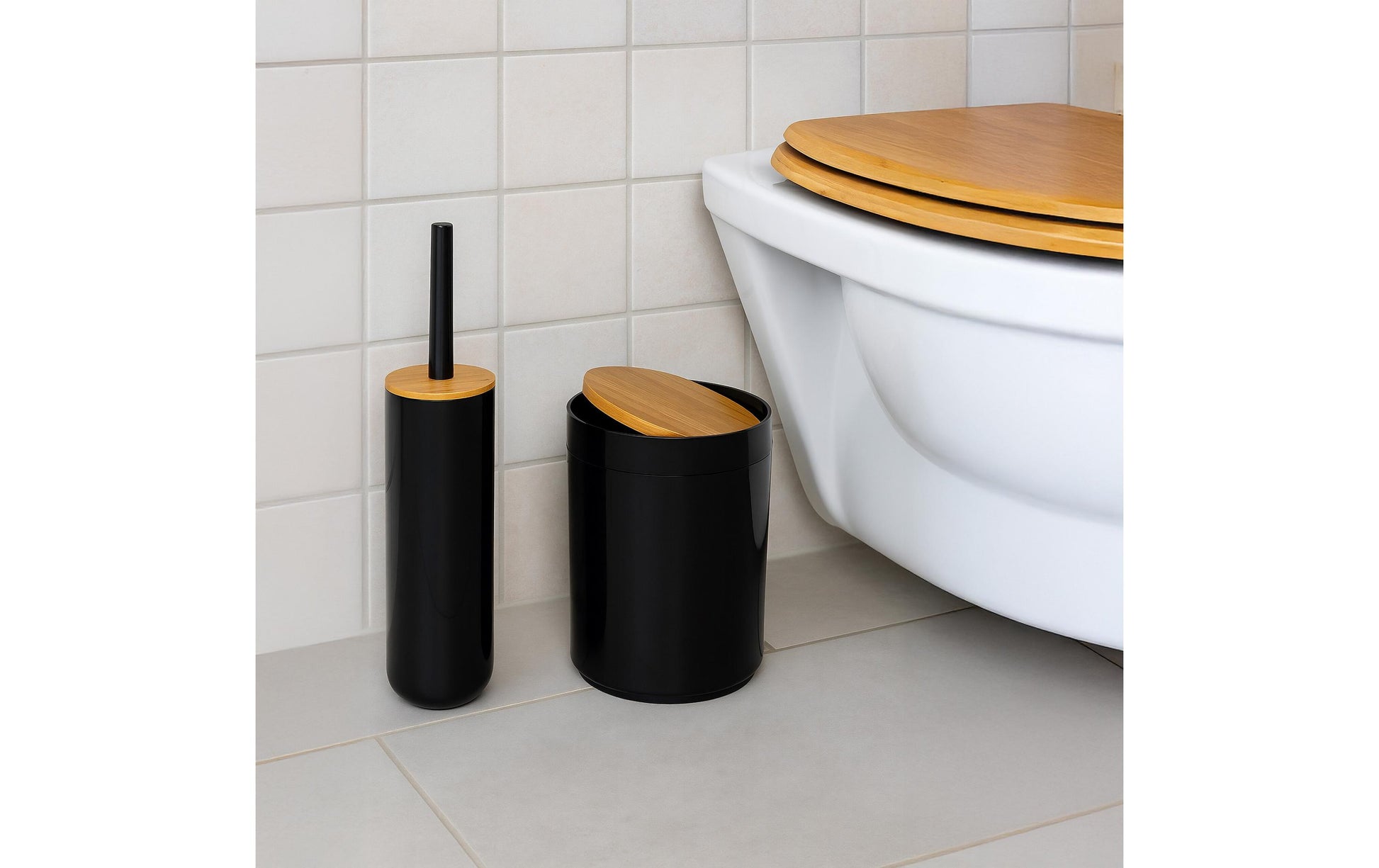 Relaxdays Badezimmer-Set – Kunststoff (65%)/Kunststoff (20%)/Bambus (15%), freistehend, Schwarz/Holz, 7-teilig