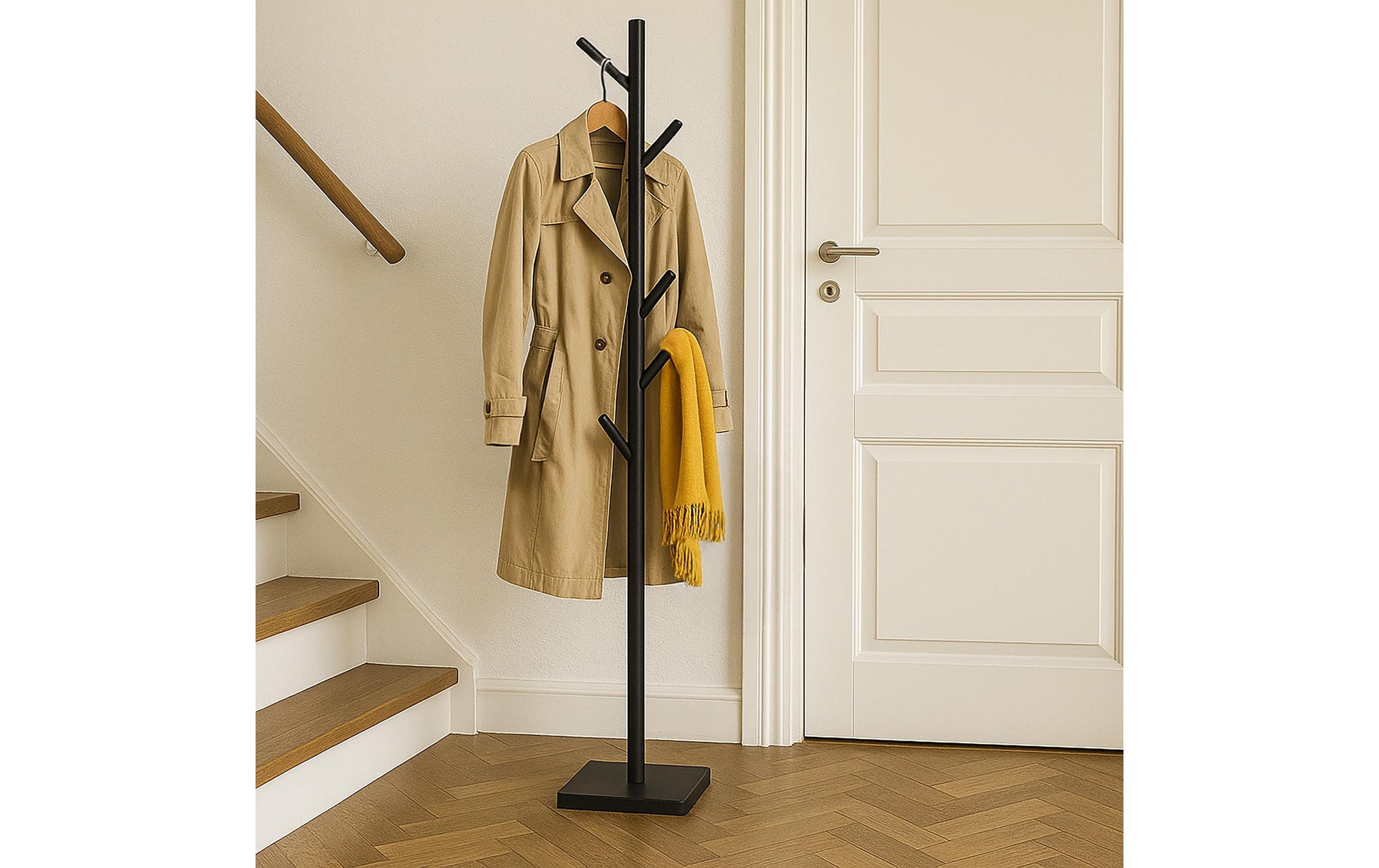 Relaxdays Garderobenständer – 8 Haken, Gummibaumholz/MDF, Schwarz, 175 × 30 × 30 cm