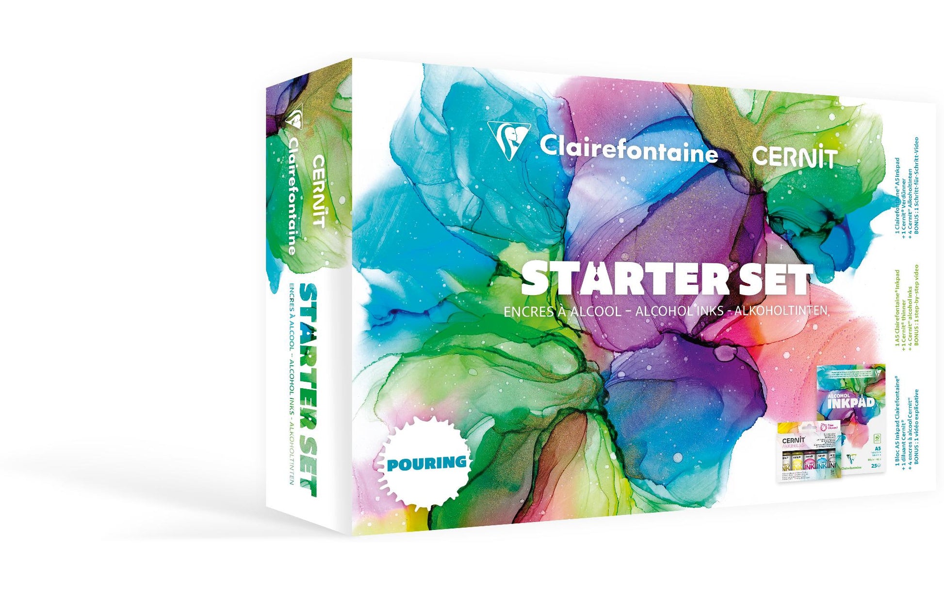 Clairefontaine Alkoholtinten-Starterset – A5-Pad, 25 Blatt – 3 × 20 ml, 1 × 20 ml Gold, 1 × 20 ml Verdünner