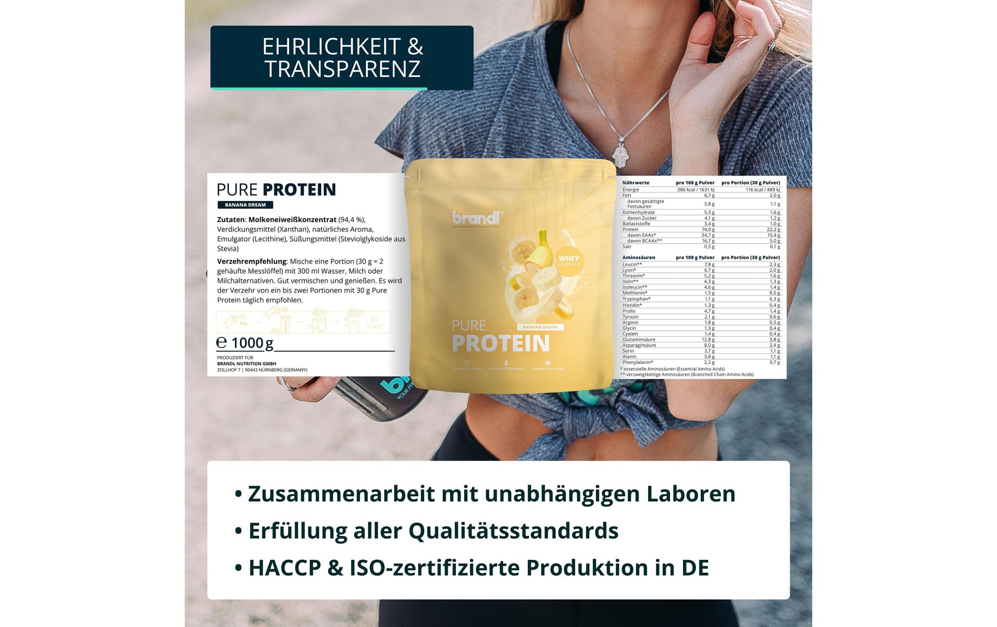 Brandl Nutrition Whey Protein Pure Protein 2.0 Banane – glutenfrei – 1 kg