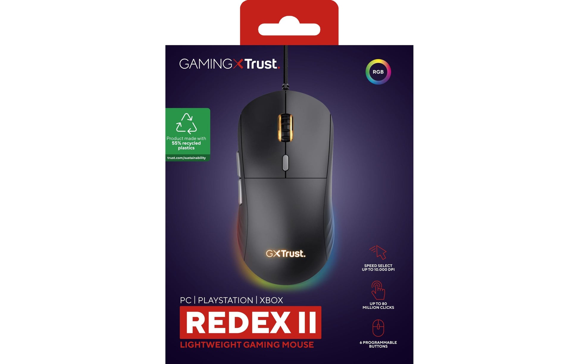Trust GXT925 Redex II Gaming-Maus – kabelgebunden, 6 Tasten, für Rechtshänder, Beleuchtung, schwarz