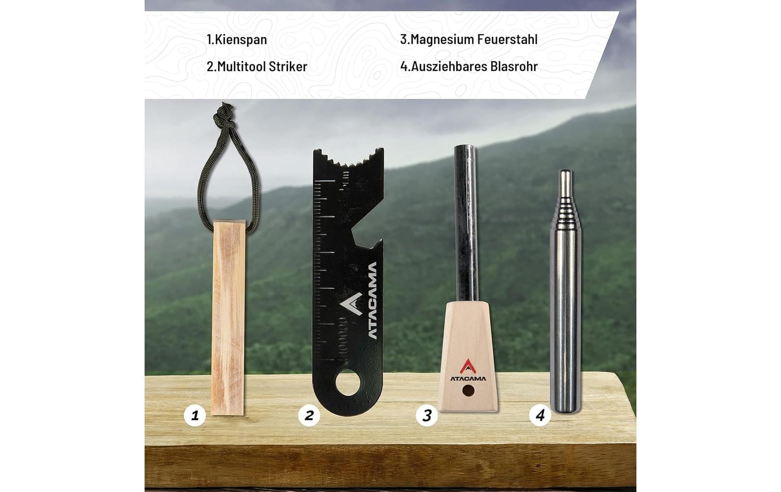 Atacama Feueranzünder – Survival Set, Multitool, Kienspan-Zunder – Mehrfarbig – Metall, Magnesium, Holz, Satin