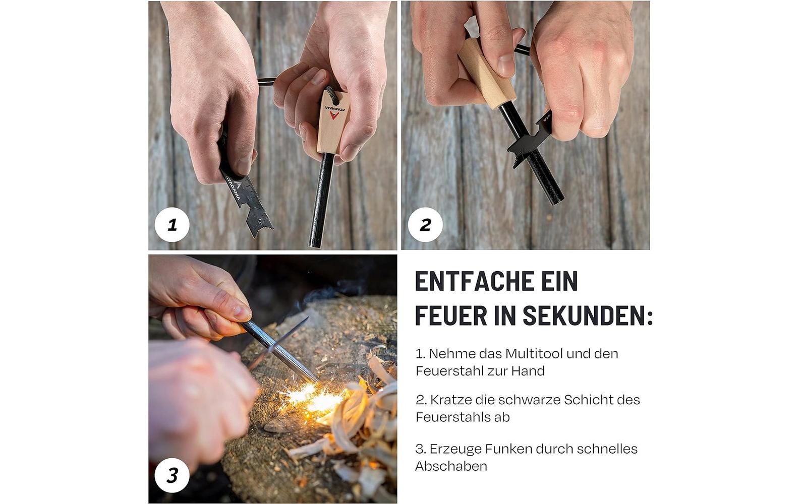 Atacama Feueranzünder – Survival Set, Multitool, Kienspan-Zunder – Mehrfarbig – Metall, Magnesium, Holz, Satin