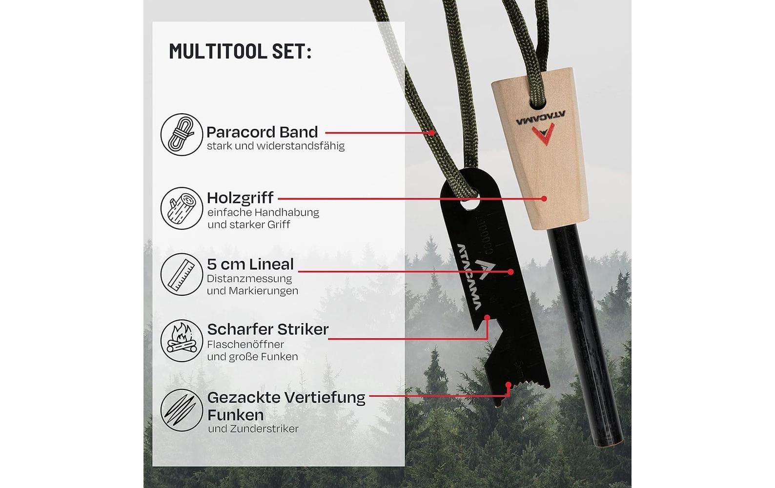 Atacama Feueranzünder – Survival Set, Multitool, Kienspan-Zunder – Mehrfarbig – Metall, Magnesium, Holz, Satin