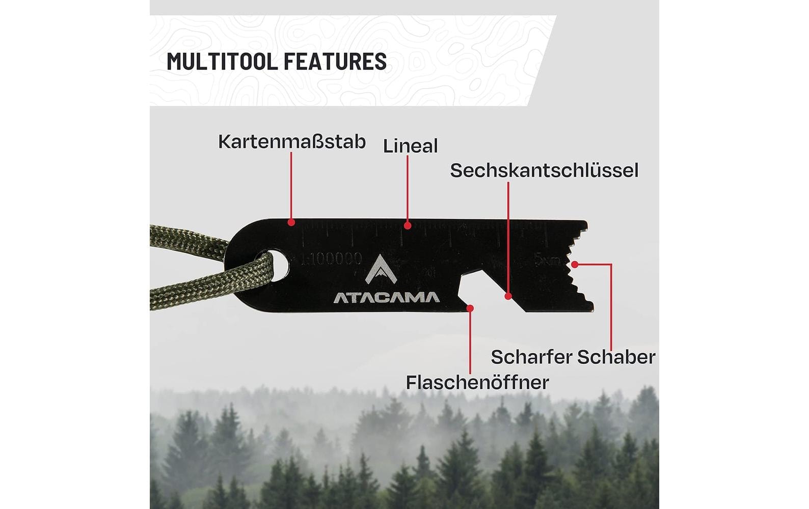 Atacama Feueranzünder – Survival Set, Multitool, Kienspan-Zunder – Mehrfarbig – Metall, Magnesium, Holz, Satin