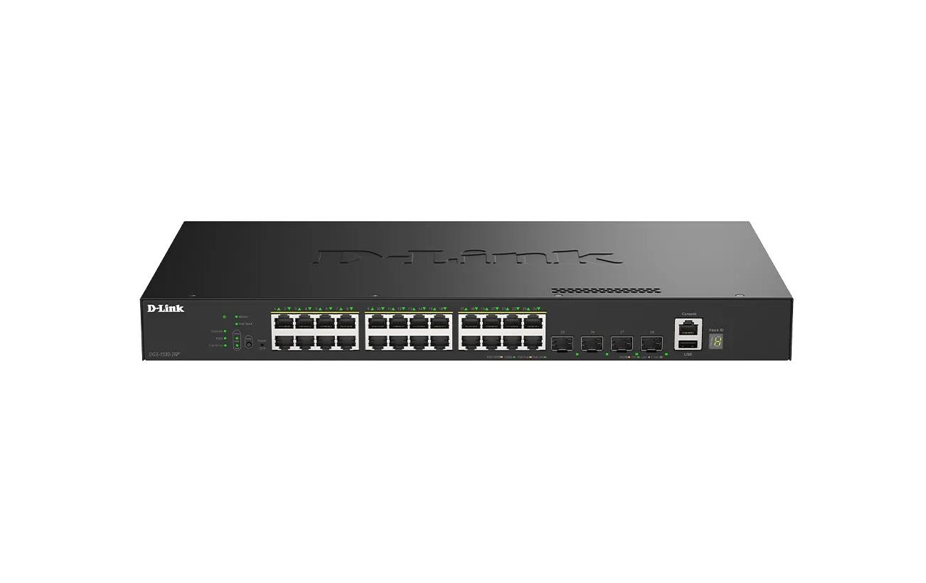 D-Link DGS-1530-28P/E – Managed Switch – 24×GbE, 4×SFP+, L2, PoE+ 370 W, 1U