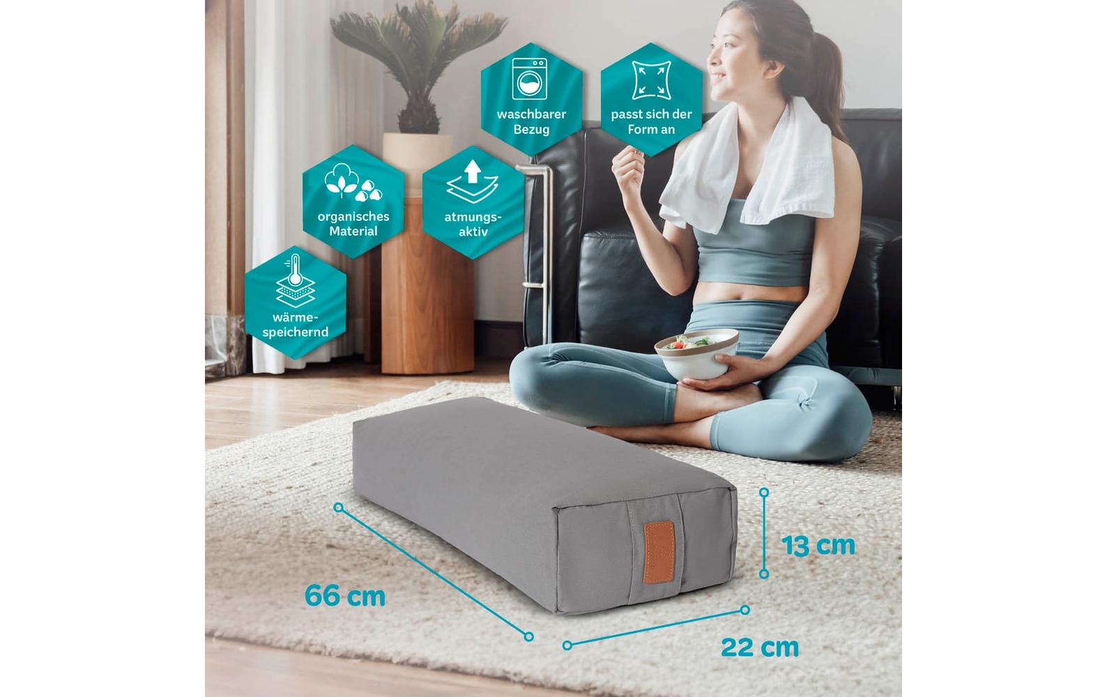 DoYourYoga Paravati Yogabolster Rechteck – 22 × 67 × 13 cm, Baumwolle, mit Dinkelspelz, Grau