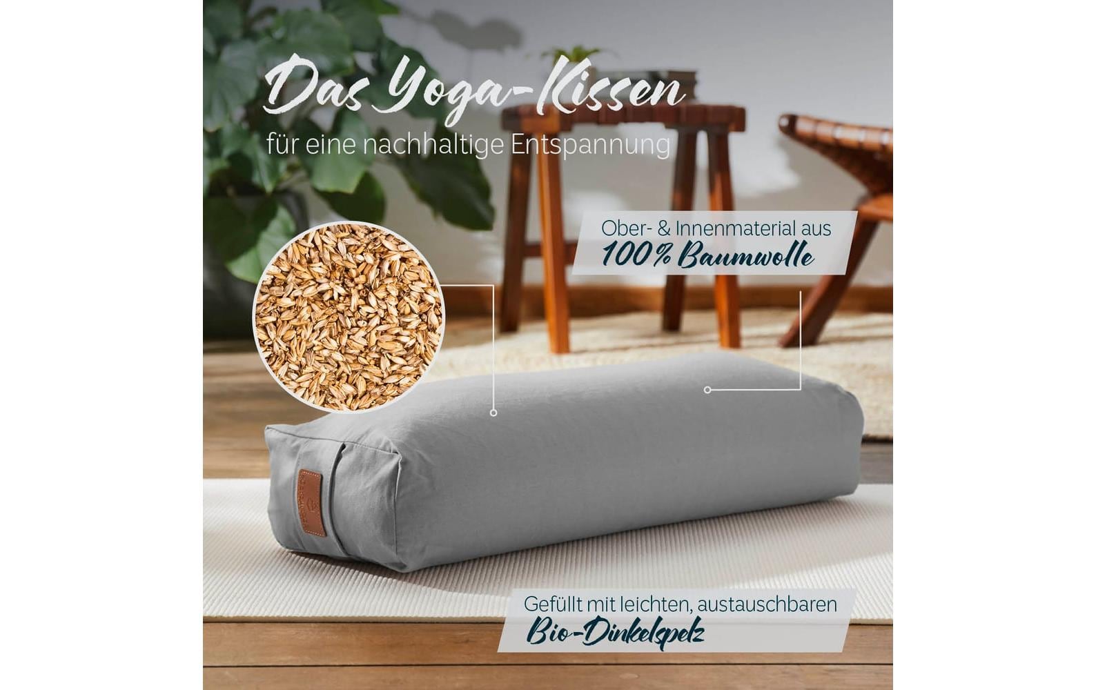 DoYourYoga Paravati Yogabolster Rechteck – 22 × 67 × 13 cm, Baumwolle, mit Dinkelspelz, Grau