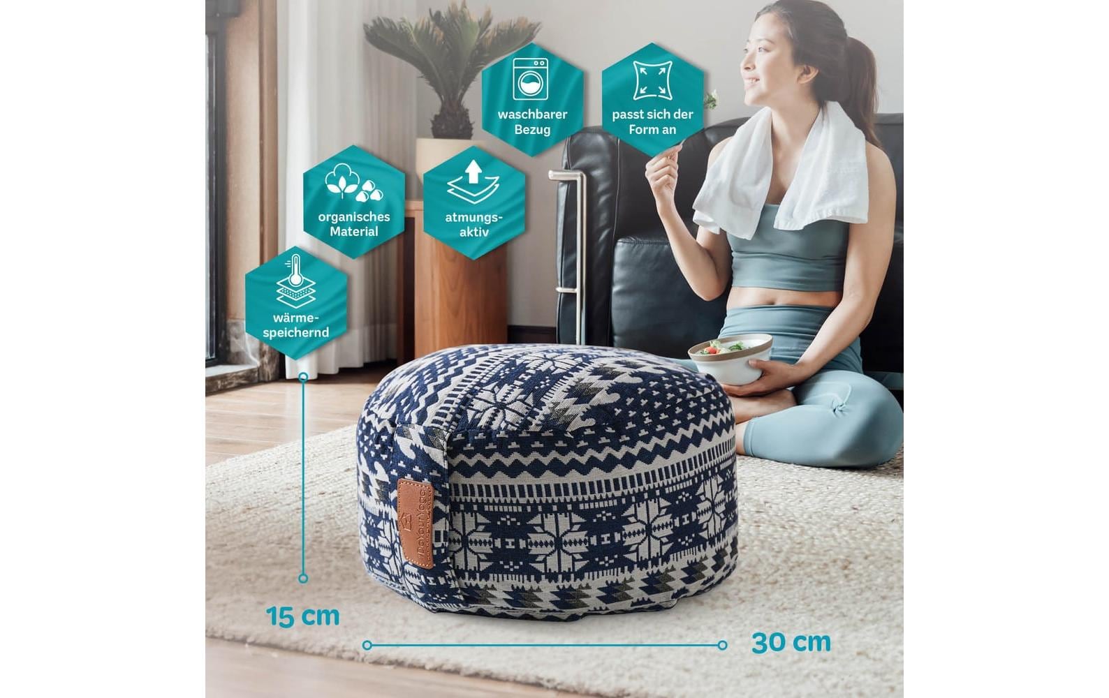 DoYourYoga Vishnu Yogabolster Sitzkissen – 30 × 30 × 15 cm, Baumwolle, Blau/Weiss