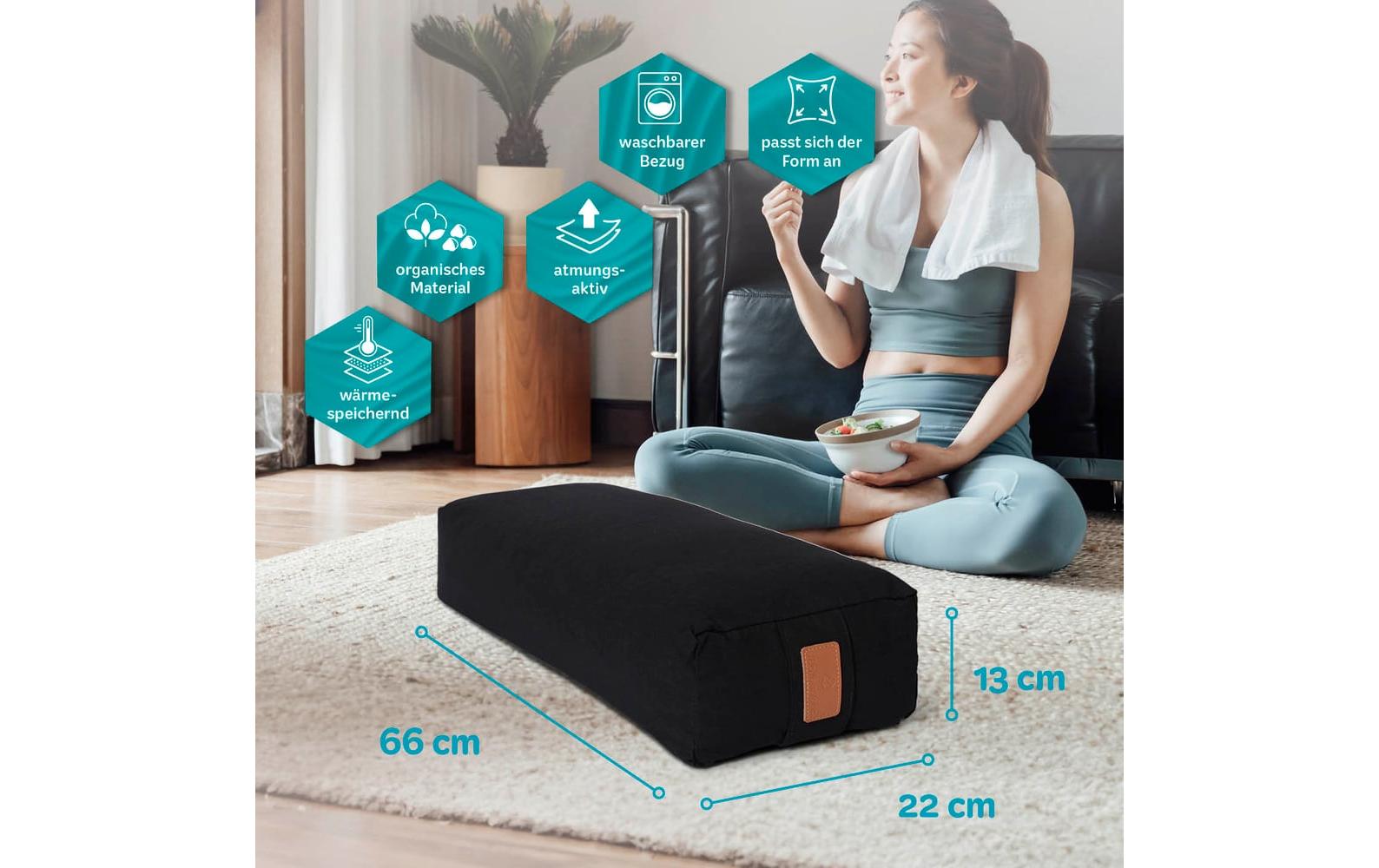 DoYourYoga Yogabolster Paravati Rechteckiges Kissen – 22,0 × 67,0 × 13,0 cm, Baumwolle, Schwarz, 1 Stk.