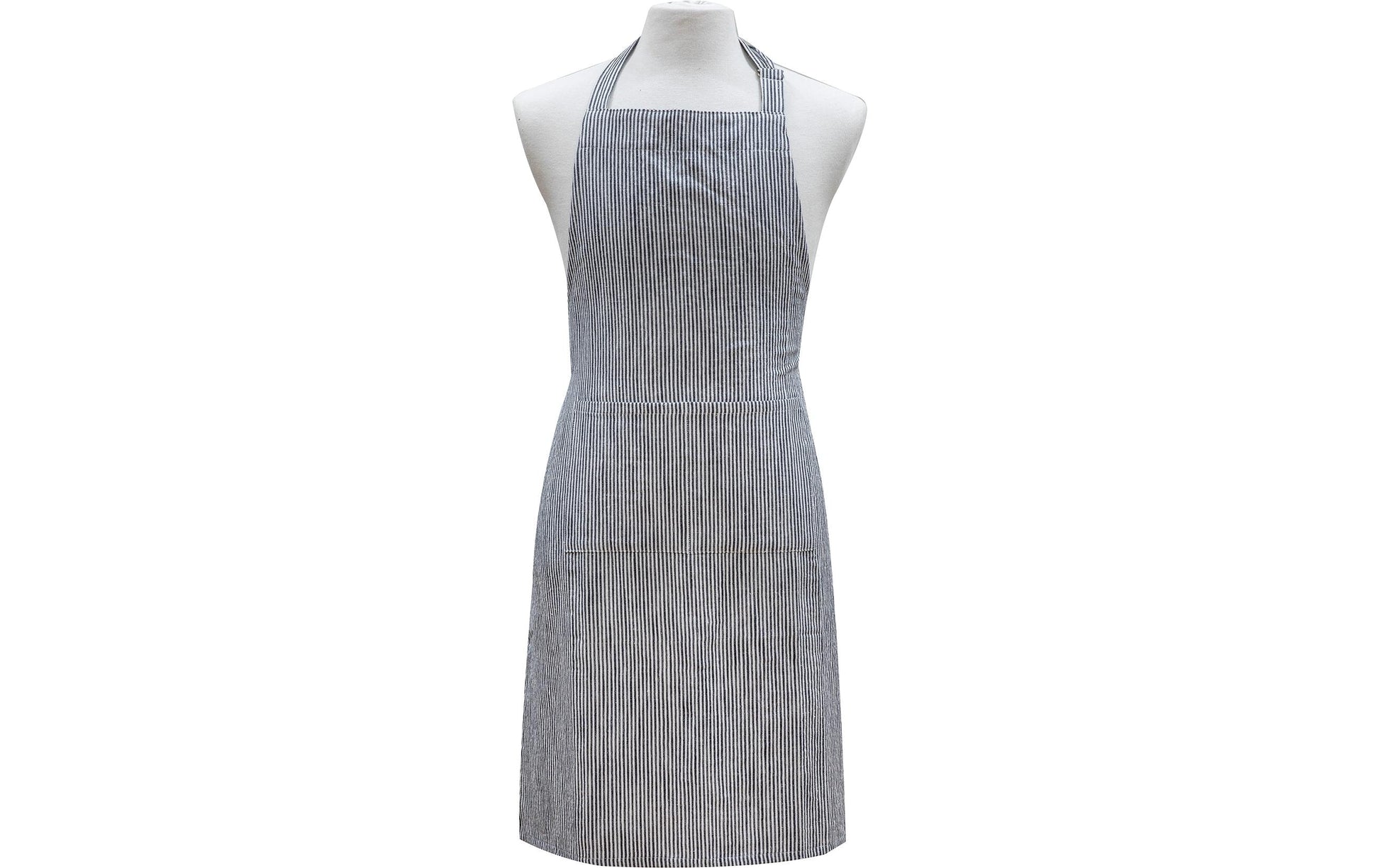 Ladelle Lina Stripe – Küchenschürze 70 × 90 cm, Leinen/Baumwolle, mit Tasche, Dunkelblau/Weiss