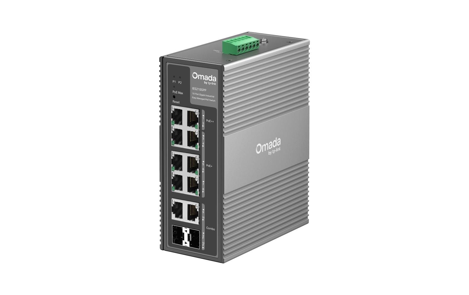 TP-Link Omada IES210GPP – Managed Switch – 8× 1G, 2× SFP (Combo), PoE+, PoE++, PoE-Budget 240 W, Hutschiene