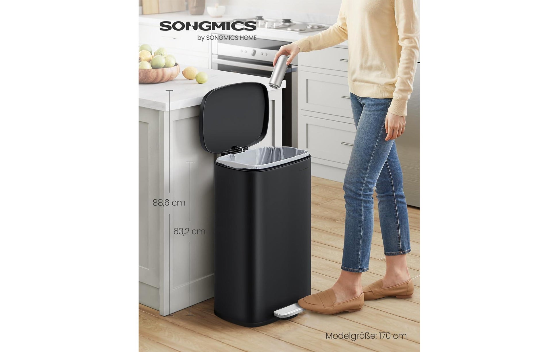 Songmics Treteimer – 50 l – Kunststoff/Stahl, rechteckig – schwarz