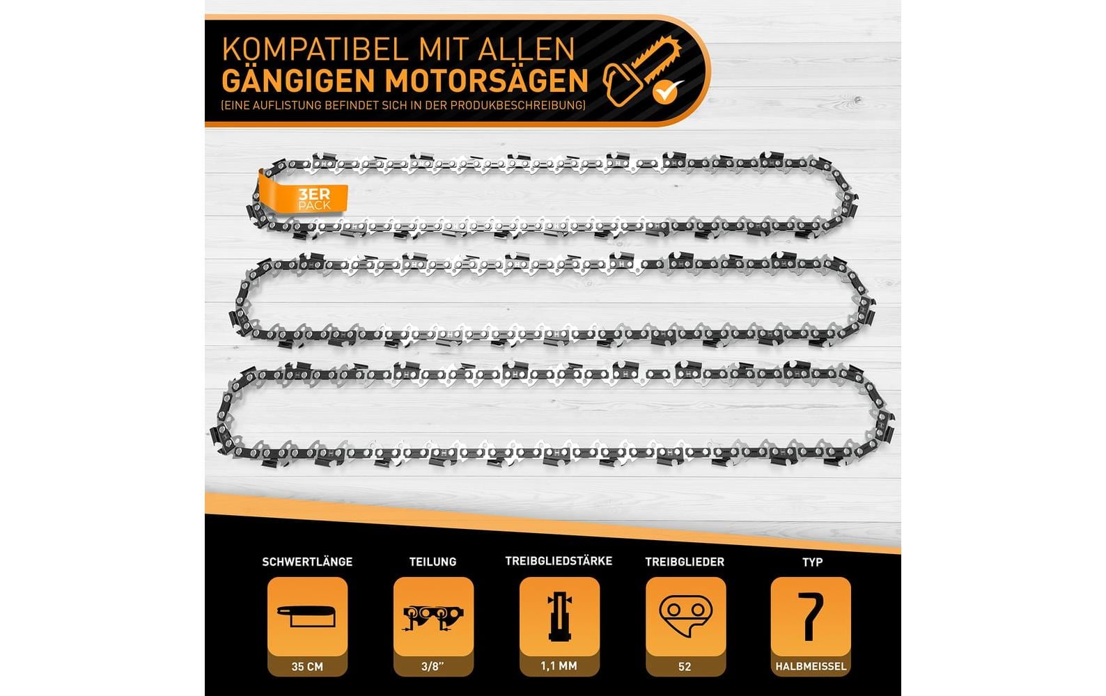 Hardtwerk Sägekette 1,1 mm 3/8" 350 mm Stahl – 3 Stk – Halbmeissel
