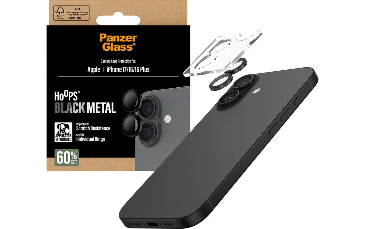 PanzerGlass Kameraschutz Hoops – für Apple iPhone 17/16/16 Plus, kratzresistent, stossfest, Hartglas, schwarz