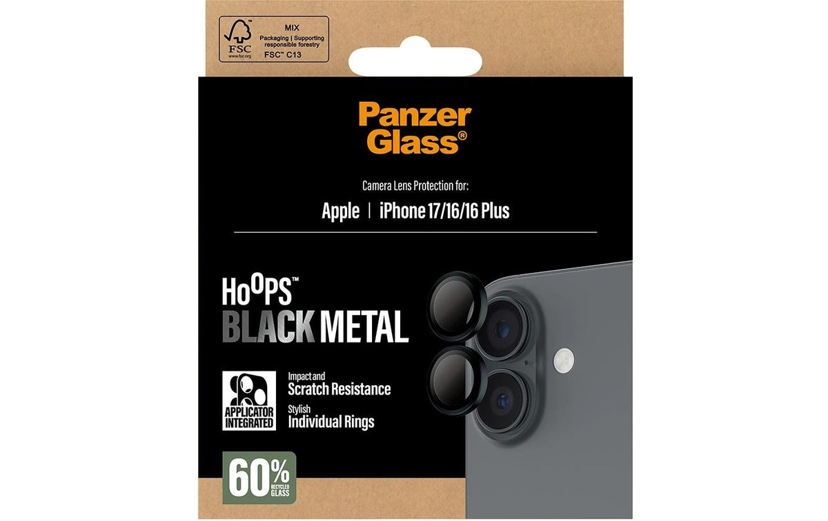 PanzerGlass Kameraschutz Hoops – für Apple iPhone 17/16/16 Plus, kratzresistent, stossfest, Hartglas, schwarz