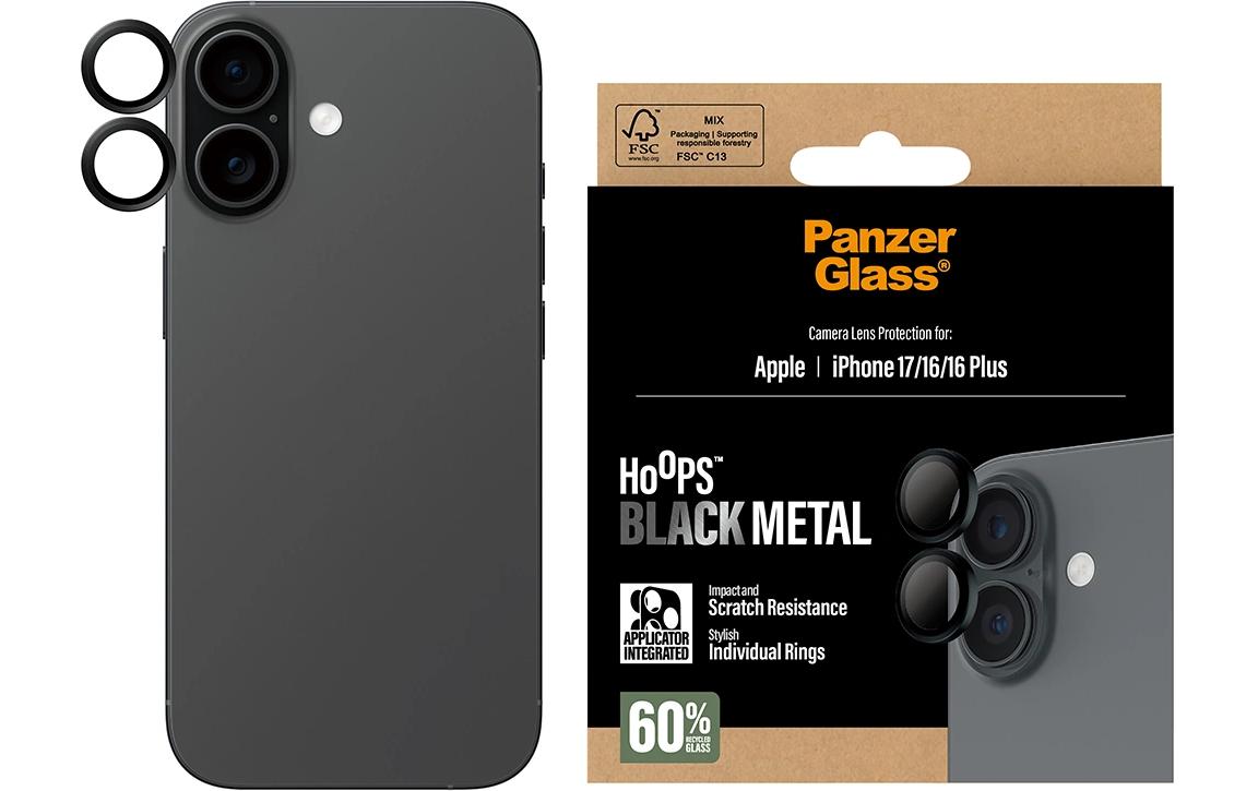 PanzerGlass Kameraschutz Hoops – für Apple iPhone 17/16/16 Plus, kratzresistent, stossfest, Hartglas, schwarz