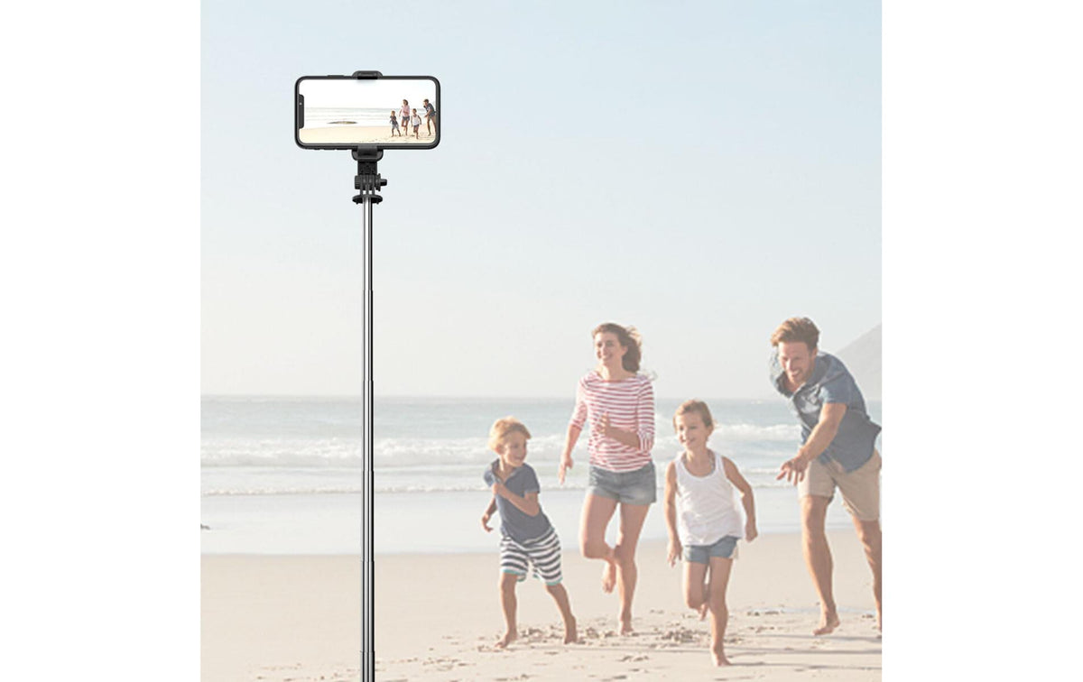 4smarts Selfie-Stativ, teleskopisch 73 cm, 360° drehbar, mit Fernauslöser (Bluetooth) – universal – schwarz