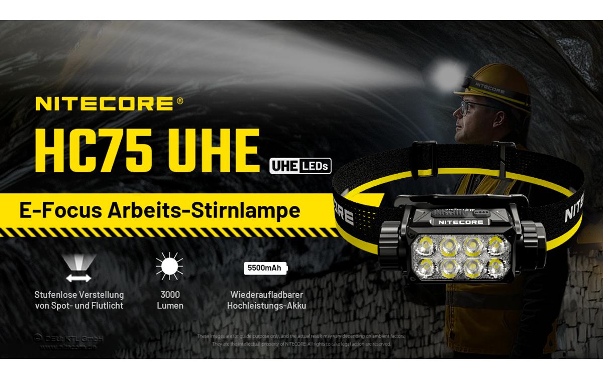 Nitecore Stirnlampe HC75UHE – 3000 lm, 192 m, 5500 mAh Akku, Laufzeit 4,5–84 h – Schwarz