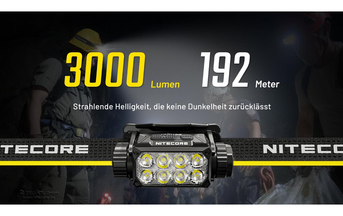 Nitecore Stirnlampe HC75UHE – 3000 lm, 192 m, 5500 mAh Akku, Laufzeit 4,5–84 h – Schwarz
