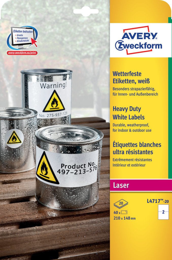 AVERY Zweckform – Wetterfeste Etiketten, 210 mm × 148 mm, weiss, Polyester-Folie, permanent haftend