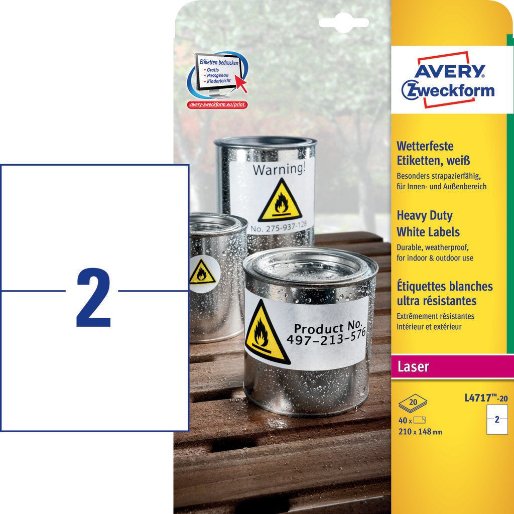 AVERY Zweckform – Wetterfeste Etiketten, 210 mm × 148 mm, weiss, Polyester-Folie, permanent haftend
