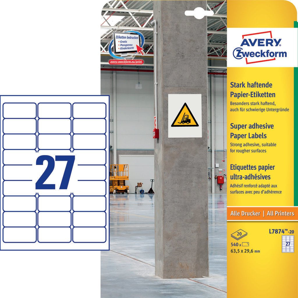 Avery L7874-20 – Etiketten A4 64 × 30 mm – Papier, weiss – permanent haftend – Laser/Inkjet – 20 Blätter