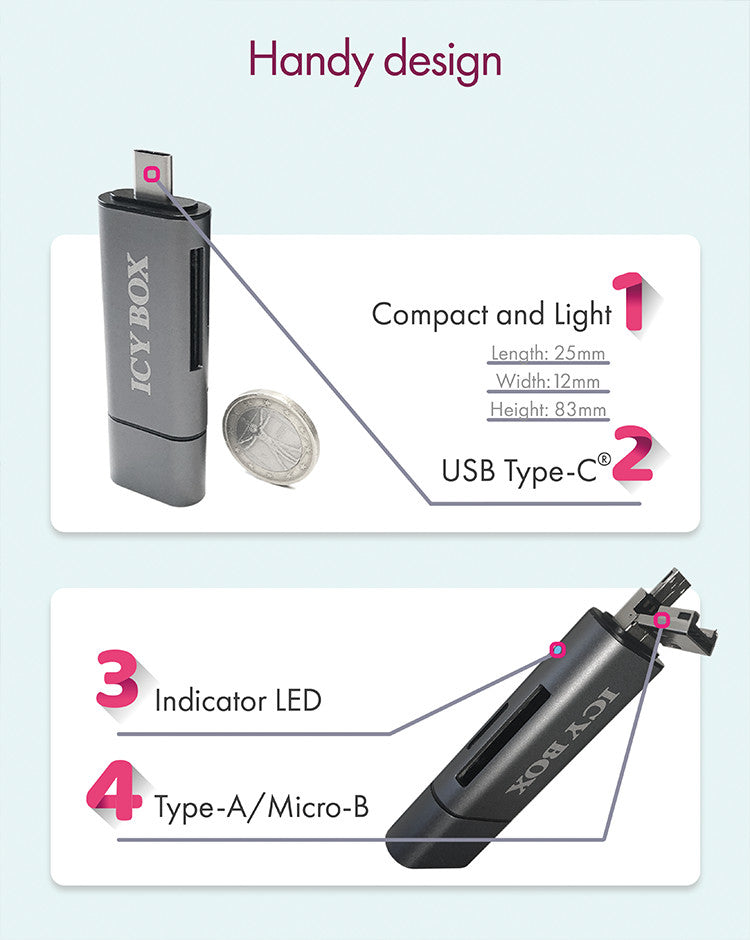 ICY BOX IB-CR200-C – Externer Kartenleser – USB 2.0, MicroSD/SD, 480 Mbit/s