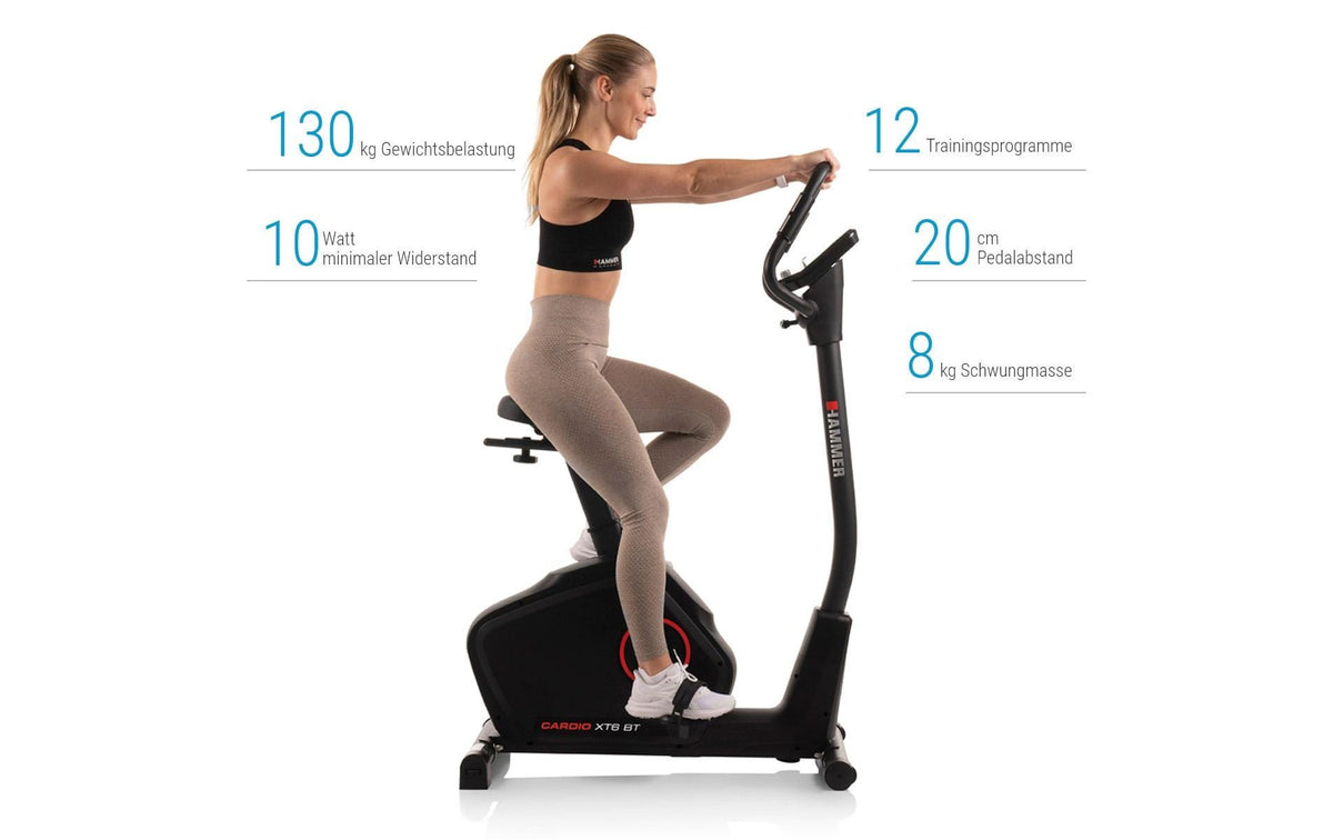 HAMMER Aufrechtes Fahrrad Cardio XT6 BT, Belastbarkeit 130 kg, Schwungmasse 8 kg – Schwarz
