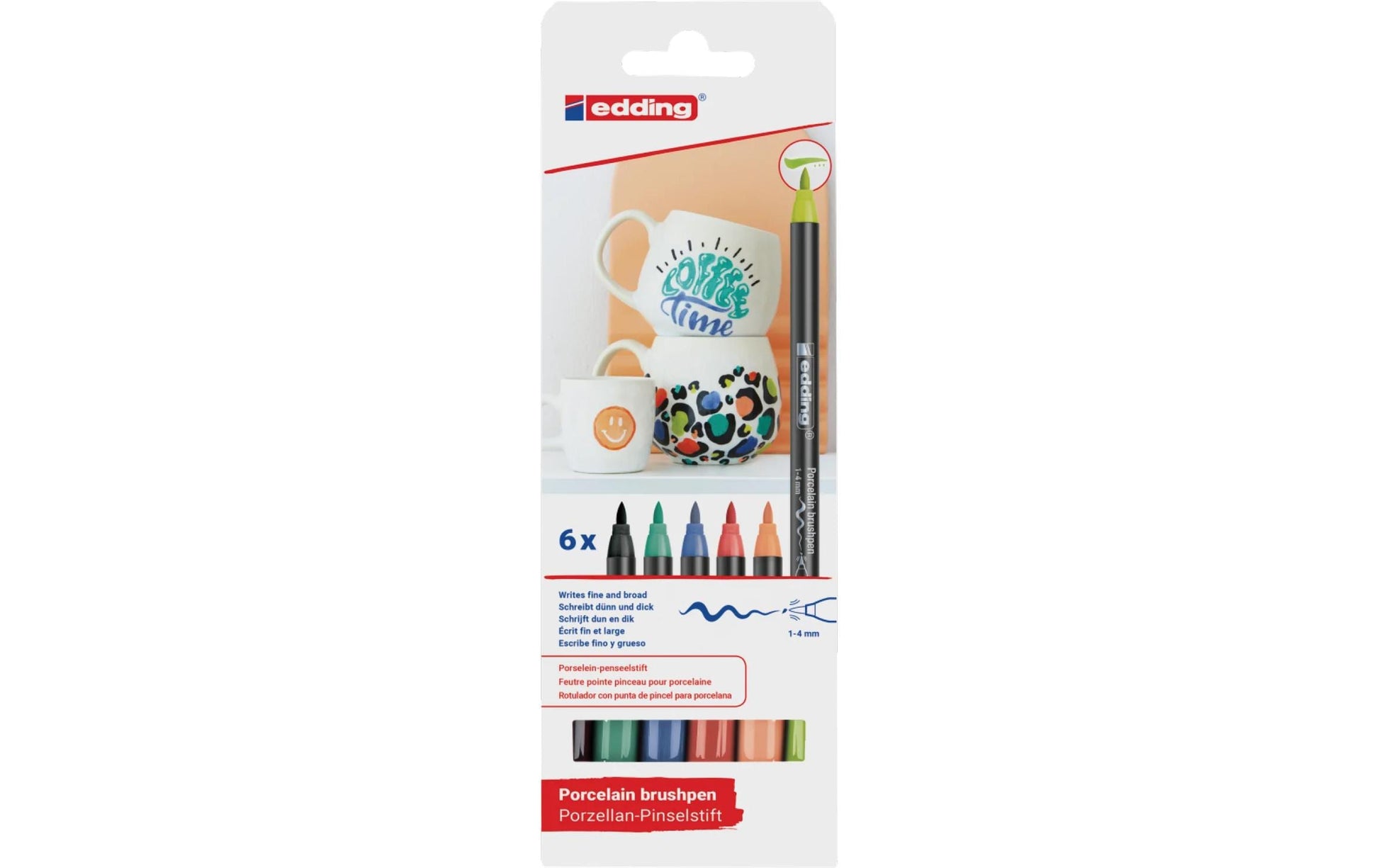 Edding 4200 Porzellanmarker – Pinselspitze 1–4 mm – mehrfarbig – 6er-Set – für Keramik, Glas und Porzellan