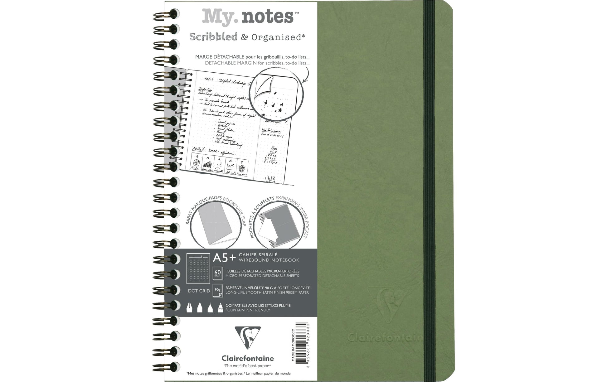 Clairefontaine Notizbuch – A5+ – 120 Seiten – 90 g/m² – Doppelspirale, perforiert, Einstecktasche, grün, PEFC