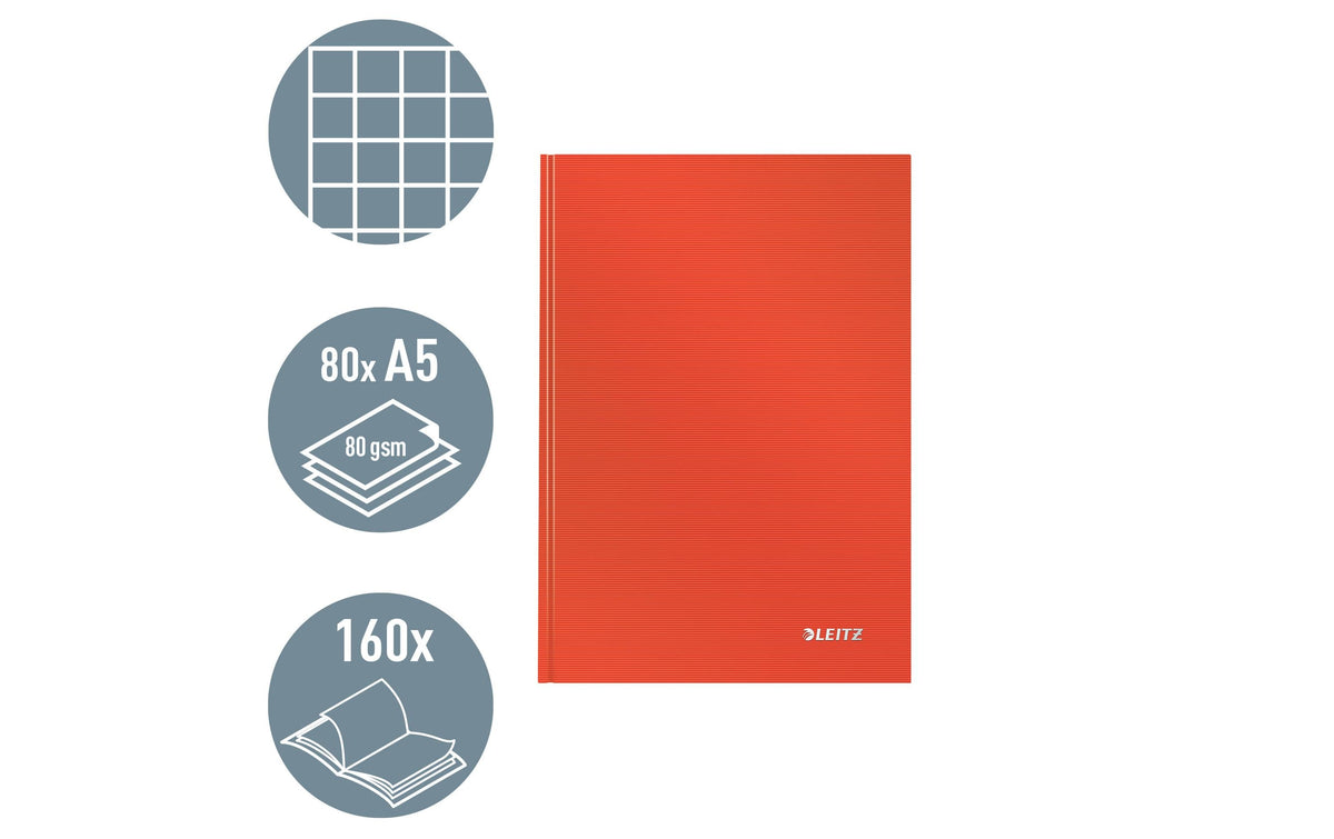 Leitz Notizbuch – A5 – kariert 5 mm – 80 Seiten – 90 g/m² – Hardcover, hellrot, FSC