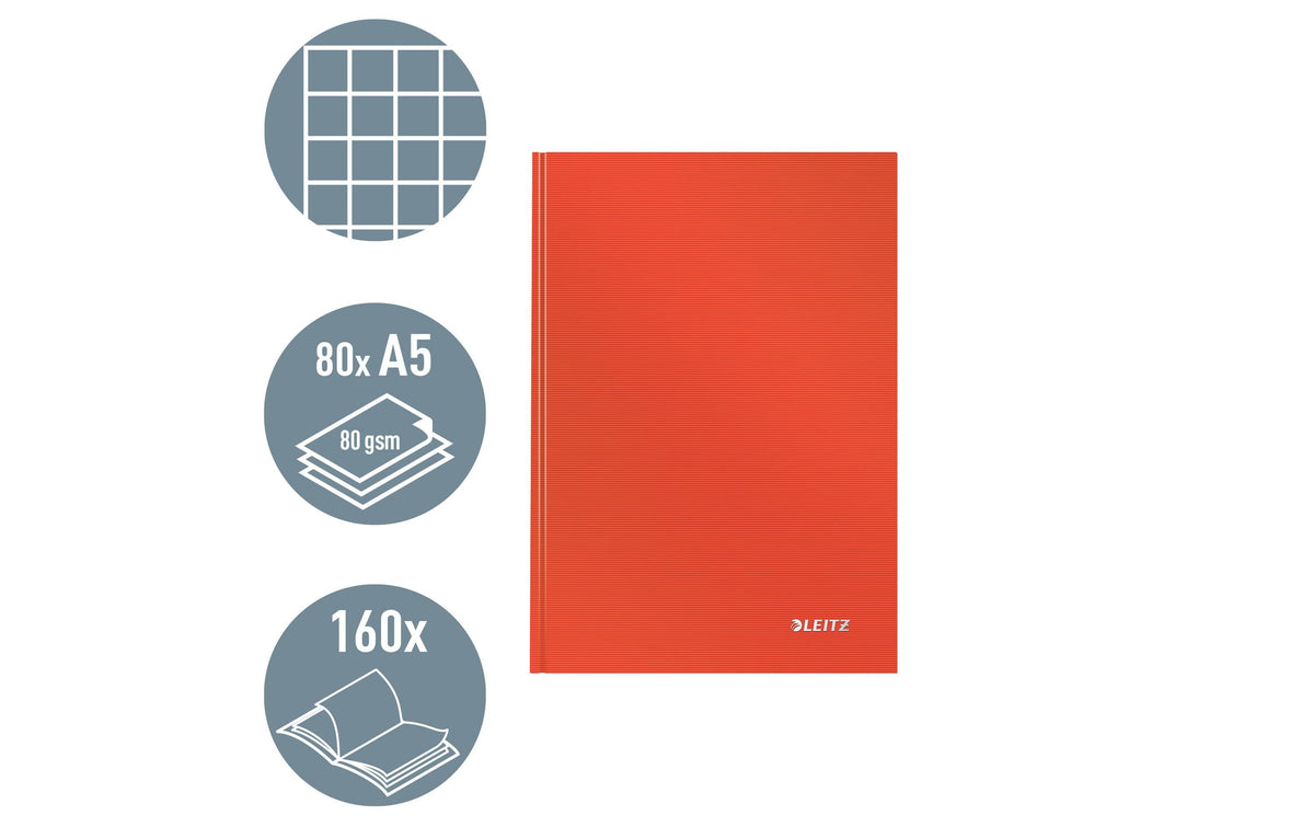Leitz Notizbuch – A5 – kariert 5 mm – 80 Seiten – 90 g/m² – Hardcover, hellrot, FSC