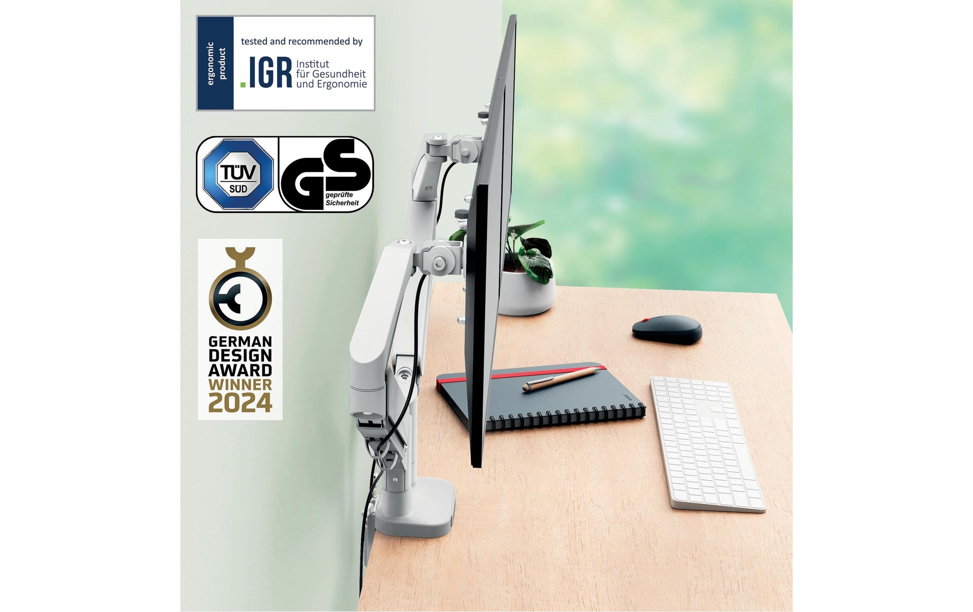 Leitz Ergo 65370085 – Monitorarm, Dual, bis 32", VESA 75 × 75/100 × 100 mm, 9 kg, grau