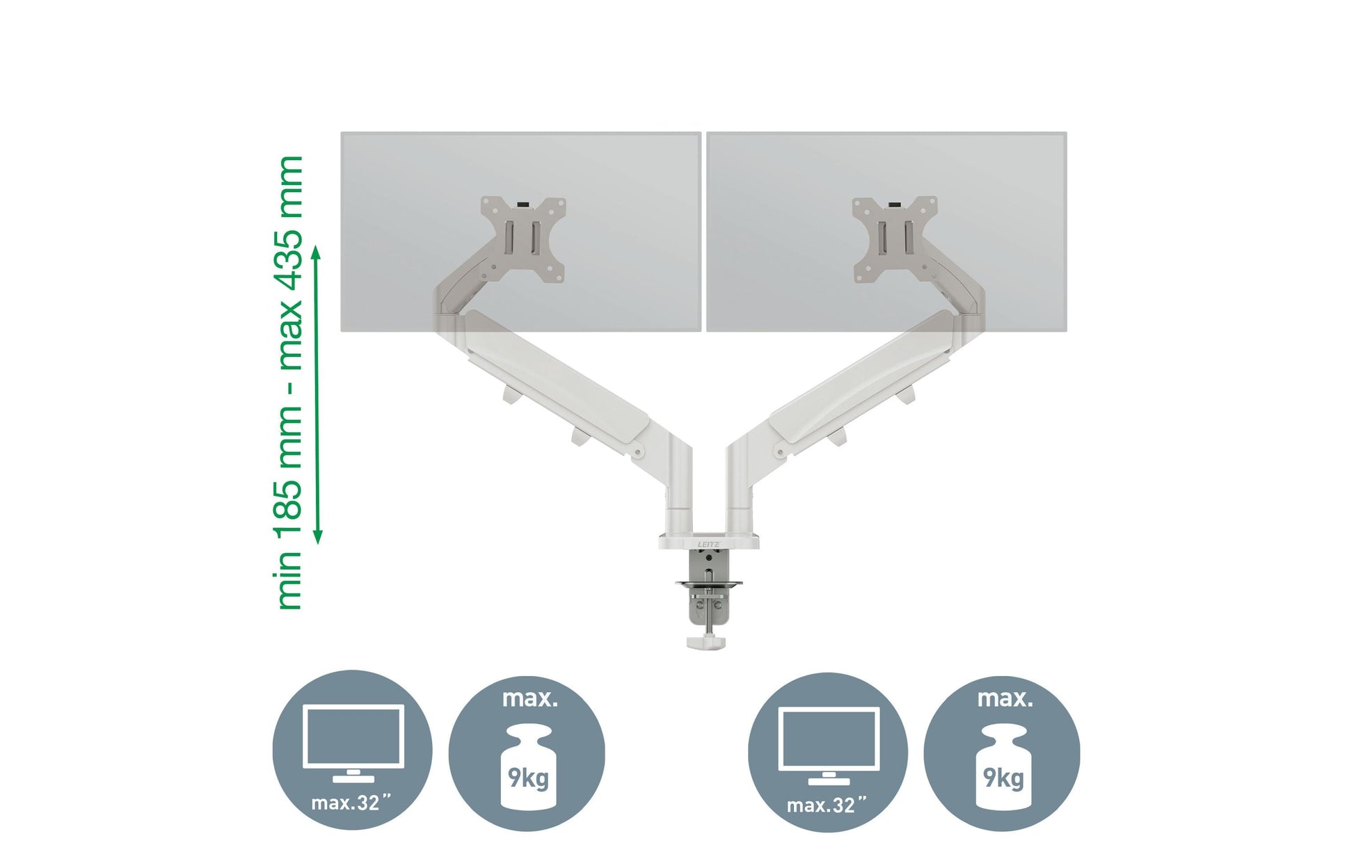 Leitz Ergo 65370085 – Monitorarm, Dual, bis 32", VESA 75 × 75/100 × 100 mm, 9 kg, grau