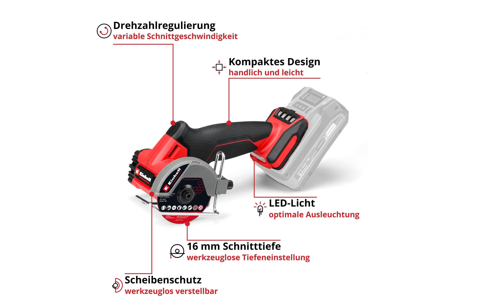 Einhell Trennschleifer TP-CO 18/76-C – 18 V (Power X-Change) – Ø 76 mm – Solo – Drehzahlregulierung