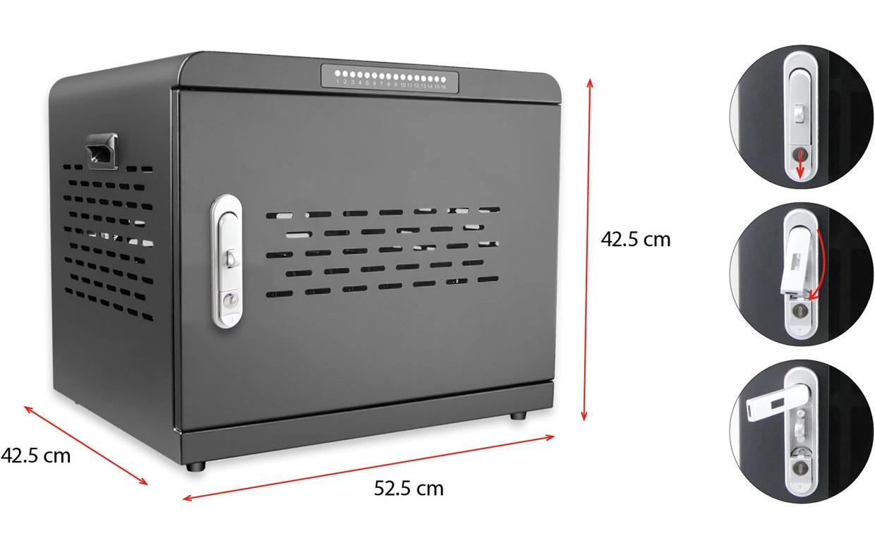 LMP Lade-/Aufbewahrungsschrank – für 16 Geräte – abschliessbar, 1000 W (60 W pro Port) – Schwarz