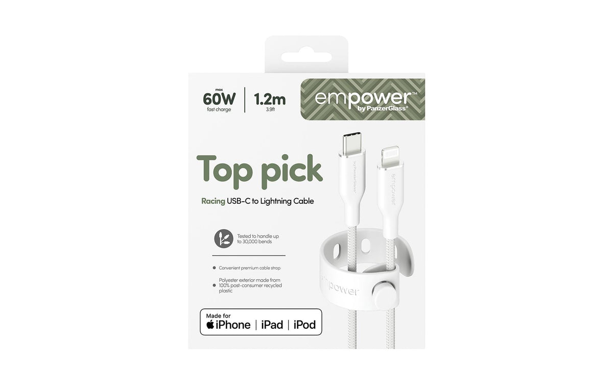 PanzerGlass Daten- & Ladekabel – USB-C auf Lightning 1,2 m, MFi zertifiziert, PD 60 W, Weiss – für iPhone/iPad