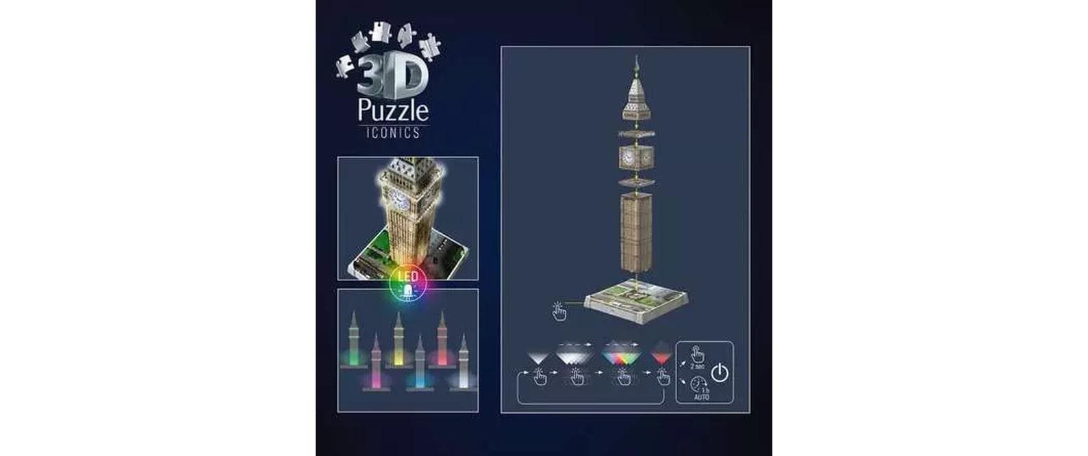 Ravensburger 3D Puzzle Iconics Big Ben – mit Licht – 216 Teile – 20,9 × 20,9 × 44 cm – ab 8 Jahren – FSC