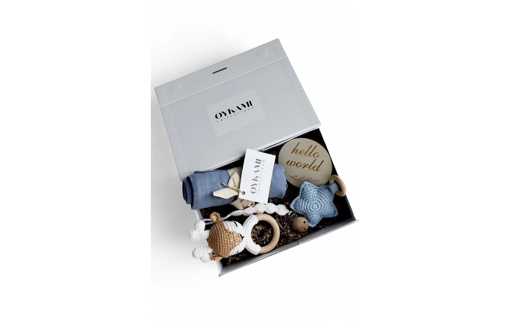 OYKAMI Geschenkbox – Organische Baumwolle, Holz – Blau, Weiss