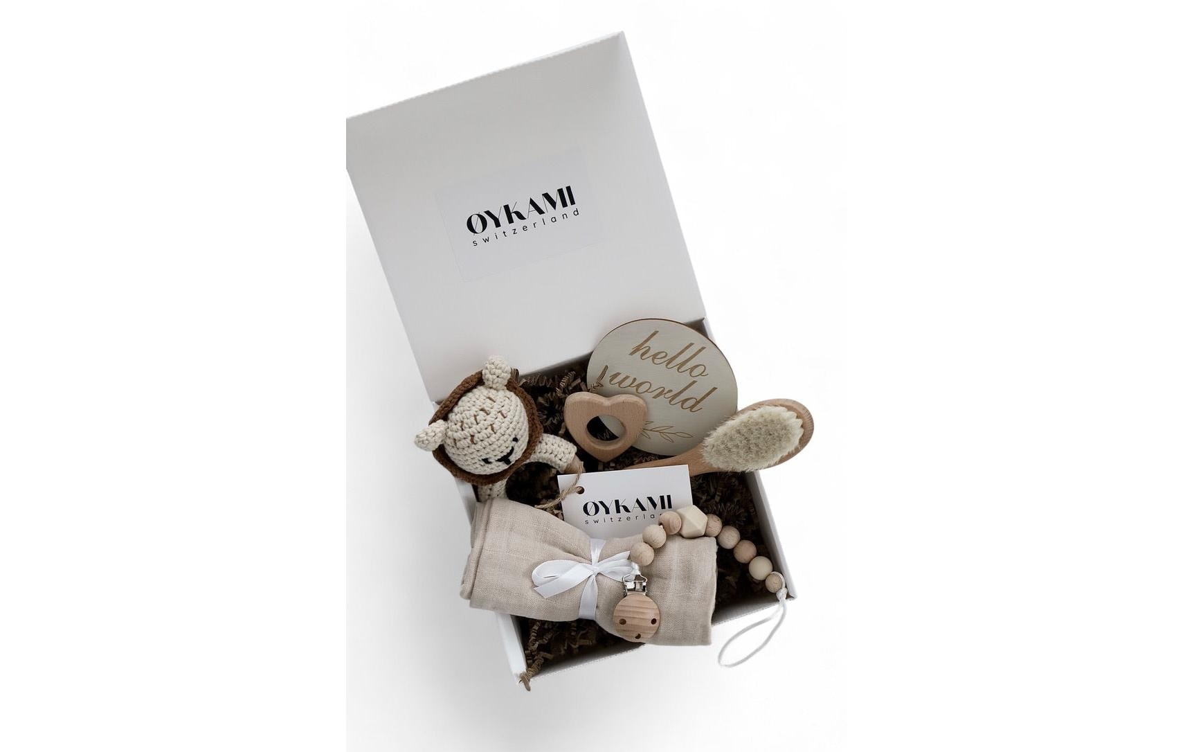 OYKAMI Geschenkbox Zürich – 18,5 × 7,0 × 18,5 cm – ab 0 J. – Baumwolle, Holz – braun, beige