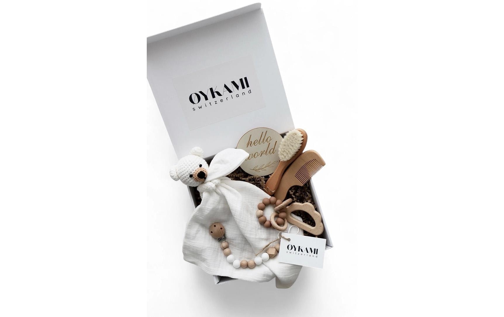OYKAMI Geschenkbox – Braun, Weiss – Holz, Baumwolle – 185 × 185 × 70 mm