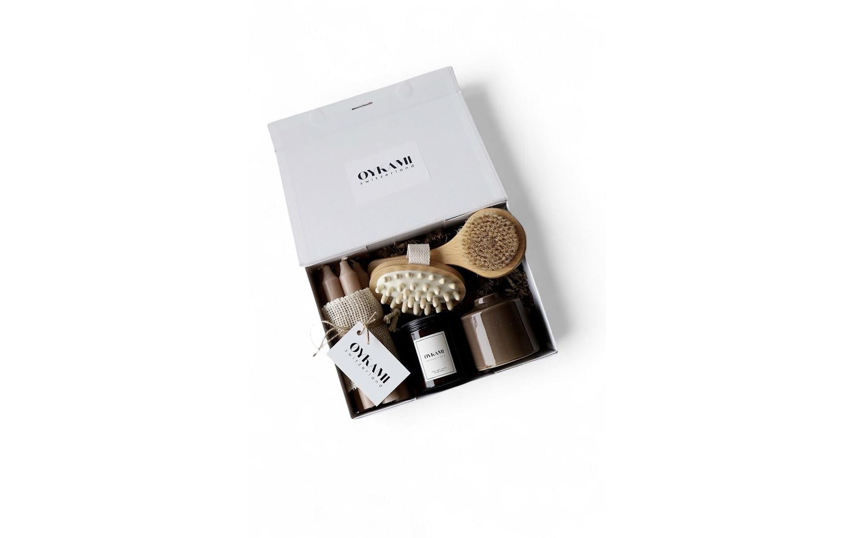 OYKAMI Geschenkbox – mit Kerzenhalter – Keramik, Holz, Rosa, Weiss, Beige – 6 Stk.