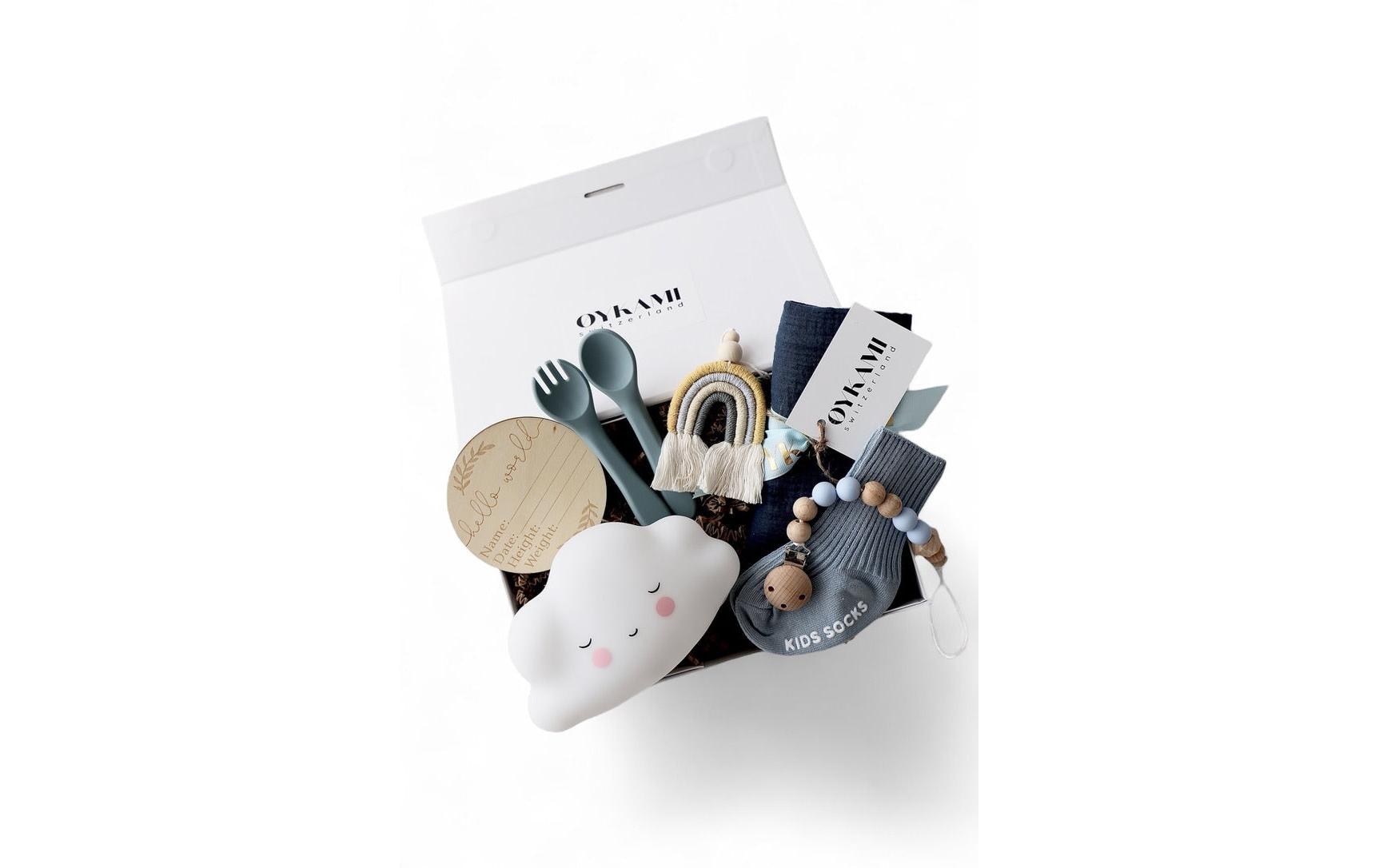 OYKAMI Geschenkbox – Organische Baumwolle, Holz – Blau, Weiss