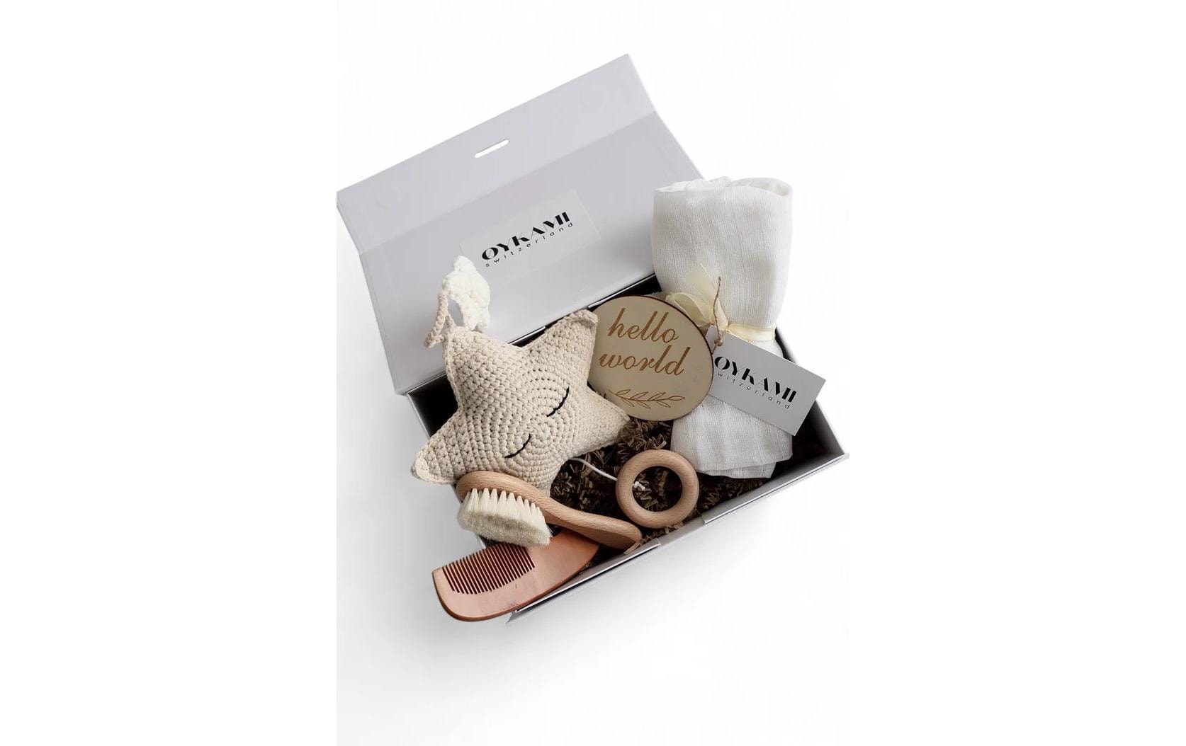 OYKAMI Geschenkbox – Baumwolle, Holz, Weiss, Beige