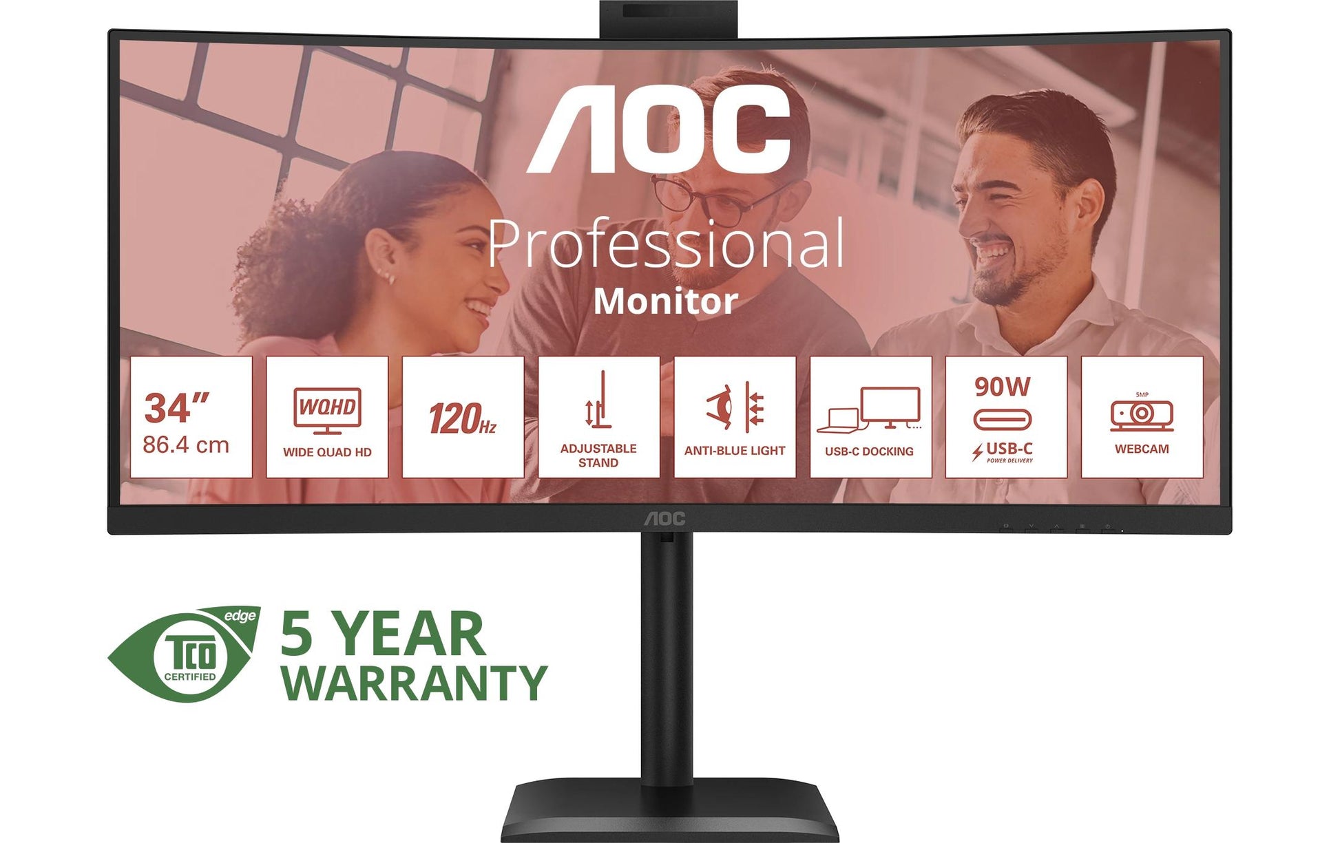 AOC E4 CU34E4CW – 34" Gebogen 1500R, 3440 × 1440 (UWQHD), VA, 120 Hz, USB-C 90 W, Webcam, KVM, LAN