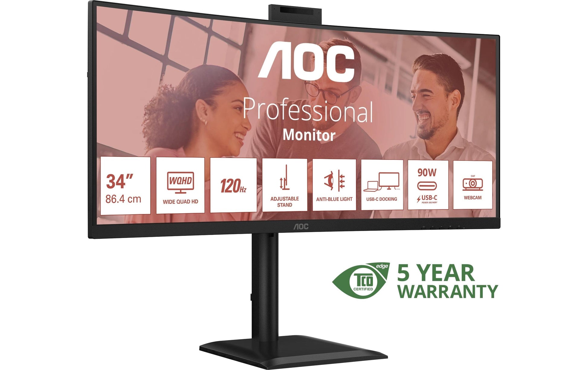 AOC E4 CU34E4CW – 34" Gebogen 1500R, 3440 × 1440 (UWQHD), VA, 120 Hz, USB-C 90 W, Webcam, KVM, LAN