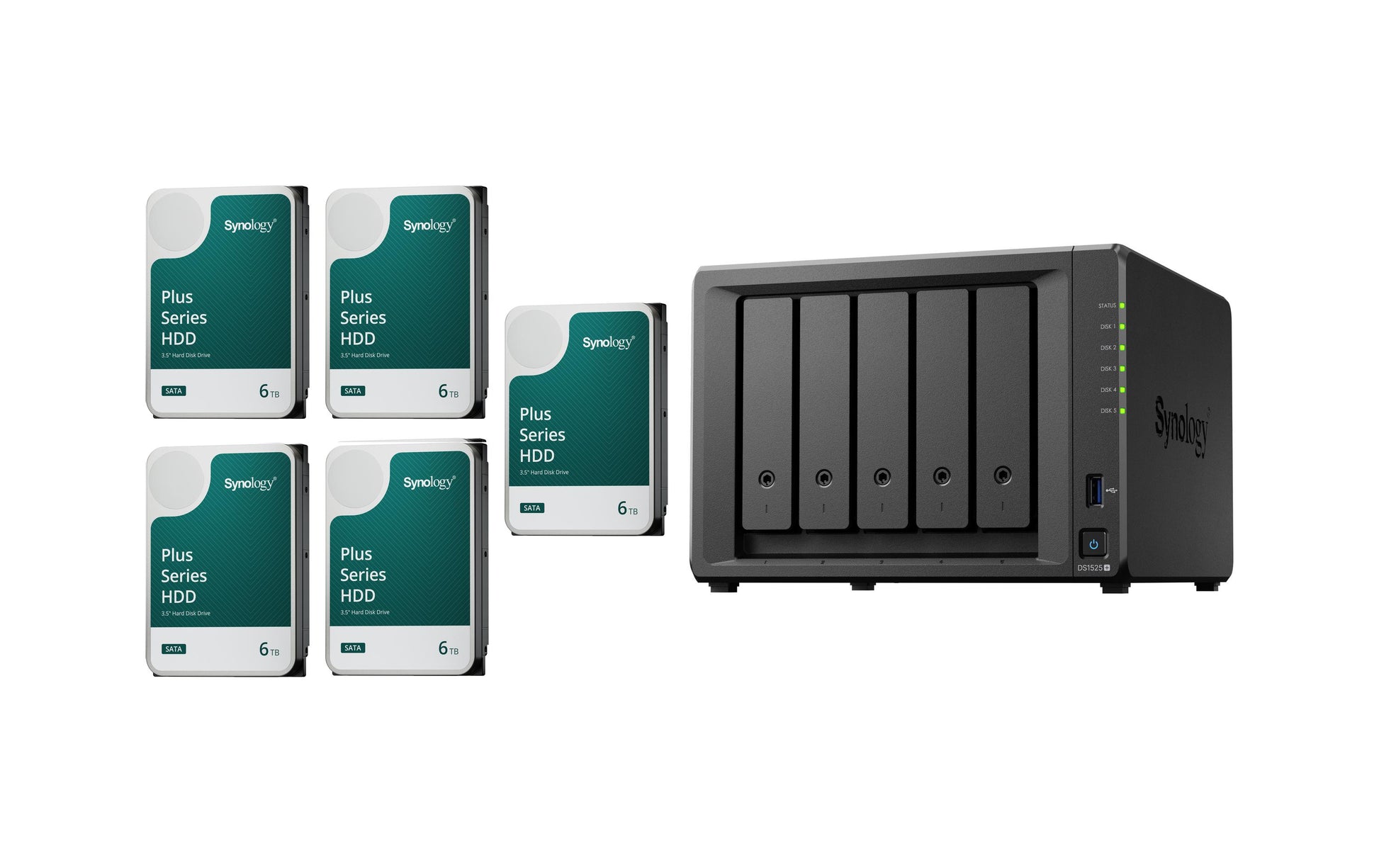 Synology DS1525+ – 5-Bay Tower NAS – AMD V1500B, 8 GB RAM, 2.5GbE, 30 TB HDD vorinstalliert