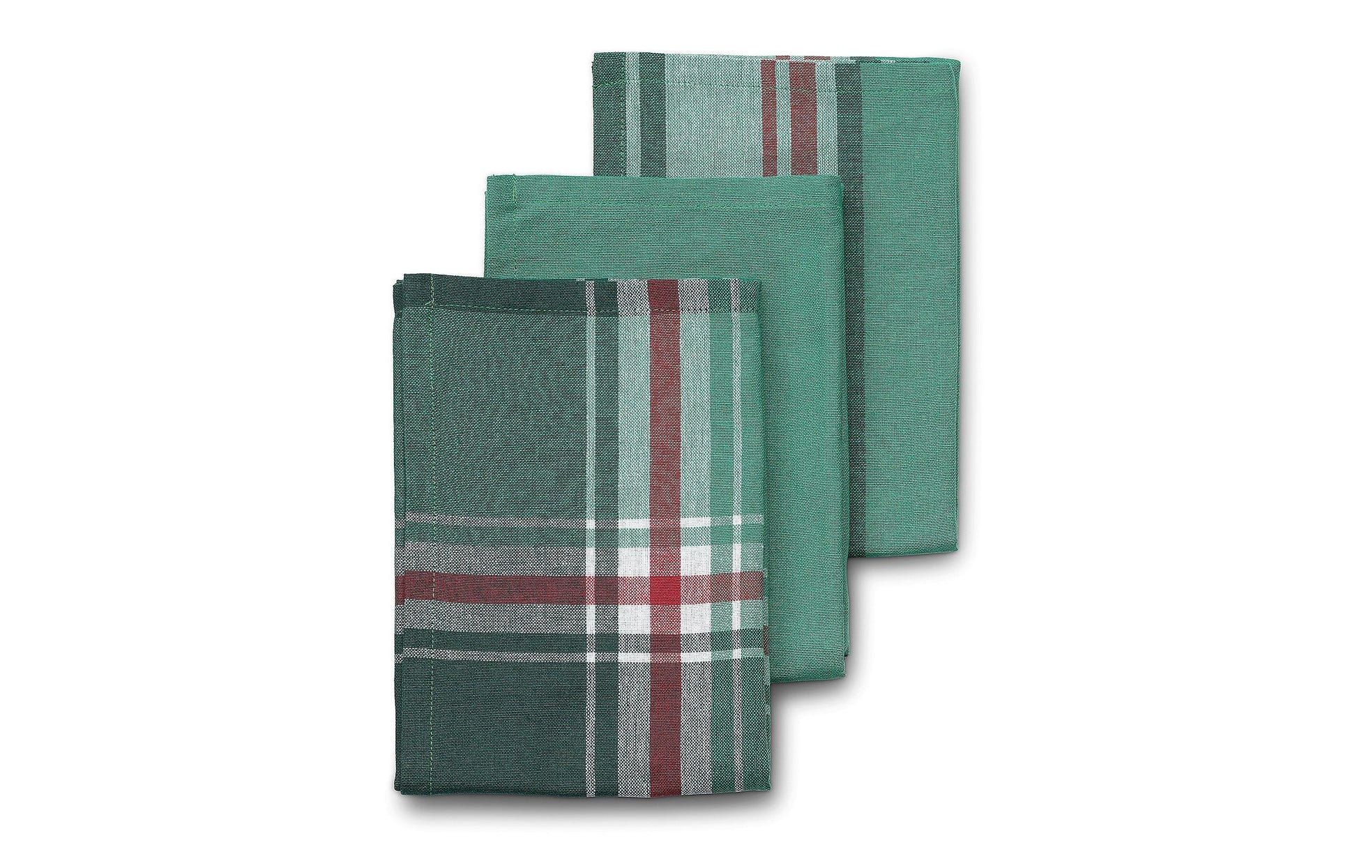 Kela Pasado – Geschirrtücher 3er-Set, 65 × 45 cm, Baumwolle, Dunkelgrün/Grün/Rot