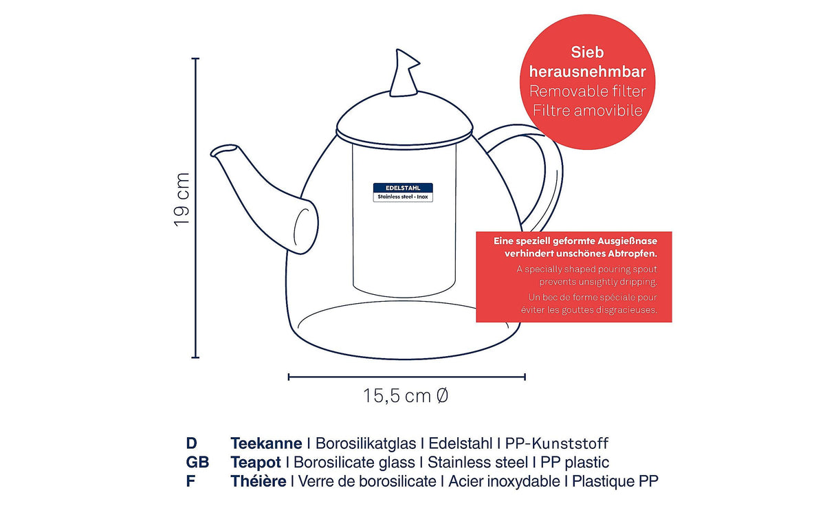 Kela Aurora – Teekanne, 1,8 l, Glas/Edelstahl, Edelstahl-Teesieb, Silber, für Elektro/Gas/Glaskeramik